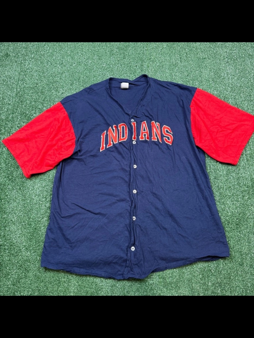 Vintage 90s Cleveland Indians Logo 7 Button Up Jersey Shirt Mens Size L Blue MLB